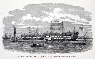 "Defence" Hulk ja "Unite" Convict Hospital Ship, Woolwichin edustalla Henry Mayhew