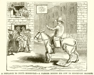 Uhmaus Pitts Horse Taxille - Maanviljelijä ratsastaa lehmällään Stockport Marketille tekijältä English School