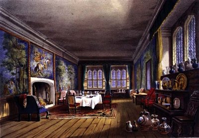 Ruokasali, Cotehele-talo, n. 1830-40 (värilitho) tekijältä English School