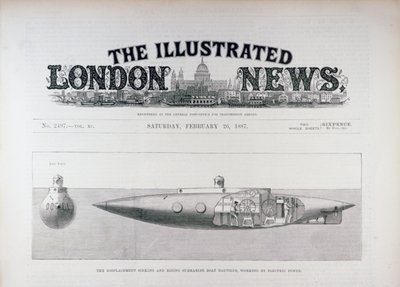 Uppoava ja nouseva sukellusvene Nautilus, joka toimii sähköllä, The Illustrated London News, 26. helmikuuta 1887 tekijältä English School