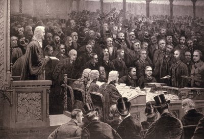 Alahuoneen jako Irlannin kotiseutukysymyksessä: "Jaa-ääniä 311, ei-ääniä 341", The Illustrated London News -lehdestä, 6. joulukuuta 1886. tekijältä English School