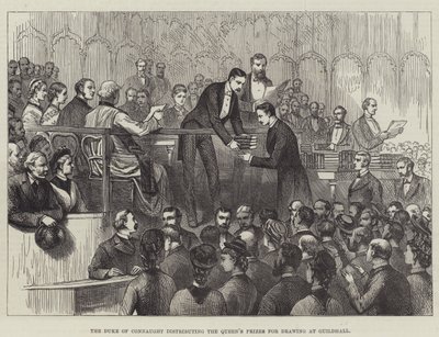 Duke of Connaught jakamassa kuningattaren piirustuspalkintoja Guildhallissa (kaiverrus) tekijältä English School