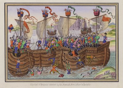 Espanjan laivasto hyökkäsi Earl Of Pembroken kimppuun ennen La Rochellea (värillinen kaiverrus) tekijältä English School