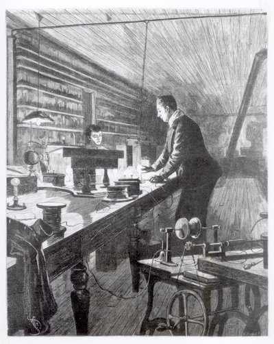 Sähkövalo, herra Edison (1847-1931) laboratoriossaan tekijältä English School