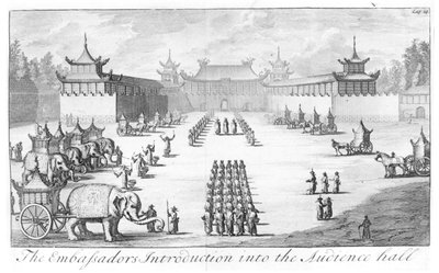 Suurlähettiläiden esittely Audience Hallissa: vastaanotto Kiinan keisarillisen palatsin Pekingissä tsaari Pietari Suuren suurlähetystölle, jota johtaa Evert Isbrandz. Ides, kolme vuotta matkaa Mo tekijältä English School