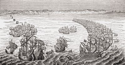 Sir Francis Draken komentama englantilainen laivasto hyökkäsi Espanjan Armadaan vuonna 1588, Lord Broughamin ja muiden "Old England