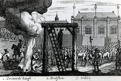 Oliver Cromwellin, John Bradshawin ja Henry Iretonin teloitus, n. 1661 tekijältä English School