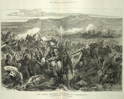 Lopullinen zulujen karkotus Ginghilovossa everstiluutnantti J. North Crealockin luonnoksista. Kuvitus The Illustrated London Newsista, 24. toukokuuta 1879 (litho) tekijältä English School