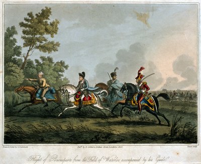 Bonaparten lento (1769-1821) Waterloon kentältä vuosina 1815, 1817 (akvatinta) tekijältä English School