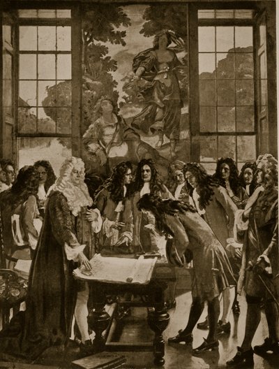 The Founding of the Bank of England, 1694, kuva Hutchinsons Story of the British Nationista, n. 1923 tekijältä English School