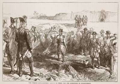 Ranskan komissaarit tulevat hoitamaan Pondicherryn antautumista, esimerkki James Grantin Cassells Illustrated History of Indiasta, pub. 1879 tekijältä English School