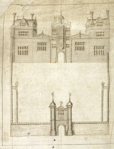 The Front of Wilton House, yksityiskohta Survey of Lands for the 1st Earl of Pembroke, 1566 (kynä ja muste vellum) tekijältä English School