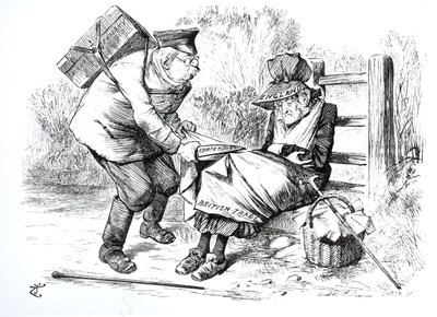 Saksalainen kaupallinen matkustaja varastaa markkinaosuuksia brittiläisestä kaupasta, karikatyyri Punchista, Lontoon Charivari, 5. syyskuuta 1896 tekijältä English School