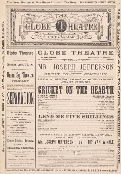 The Globe Theatre Programme, 21. huhtikuuta 1884 tekijältä English School