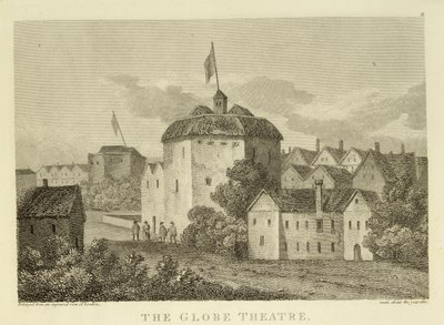 The Globe Theatre on the Bankside sellaisena kuin se esiintyi James I:n hallituskaudella (1566-1625), kaiverruksen n. 1612 jälkeen, julkaistu 1810 tekijältä English School