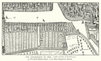 Grassmarket vuonna 1646 (kaiverrus) tekijältä English School