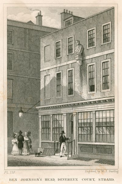 Grecian Coffee House, Devereux Court, Strand, jossa on Ben Johnsonin rintakuva tekijältä English School