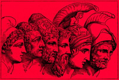 Troijan sodan sankarit: Paris, Diomedes, Odysseus, Nestor, Akhilleus, Agamemnon, kuvitus teoksesta The Illustrated History of the World, julkaistu noin 1880 (digitaalisesti paranneltu kuva) tekijältä English School