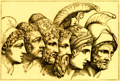 Troijan sodan sankarit: Paris, Diomedes, Odysseus, Nestor, Akhilleus, Agamemnon, kuvitus teoksesta The Illustrated History of the World, julkaistu noin 1880 (digitaalisesti paranneltu kuva) tekijältä English School