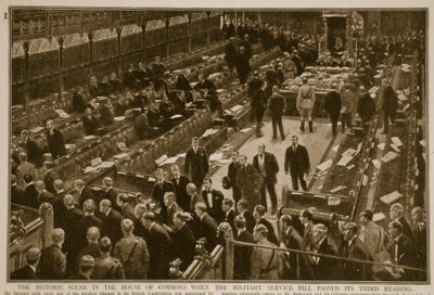Historiallinen kohtaus alahuoneessa, kun sotilaspalvelulaki hyväksyi kolmannen käsittelyn, 1914-1919 tekijältä English School