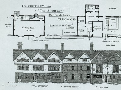 The Hostelry and The Stores, Bedford Park, Chiswick, The Building News, 1877 tekijältä English School