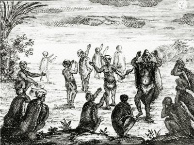 The Hottentots Worship the Moon, kuvitus Peter Kolbin teoksesta "Hyväntoivon niemen nykytila", julkaistu 1731 tekijältä English School