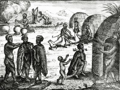 Hottentotit rakastavat tiettyä hyönteistä, kuva Peter Kolbin teoksesta "Hyväntoivon niemen nykytila", julkaistu vuonna 1731. tekijältä English School