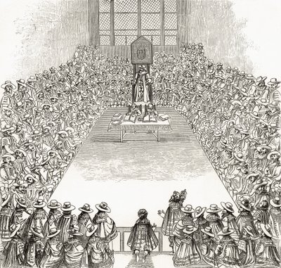 James I:n aikainen alahuone, pastori Richard Lovettin teoksesta "London Pictures: Drawn with Pen and Pencil", julkaistu 1890 tekijältä English School