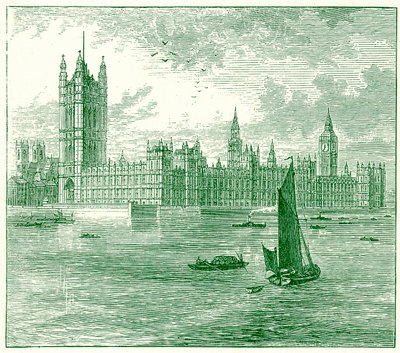 Parlamenttitalo ja Westminster Abbey, kuvitus George Chisolmin teoksesta The World sellaisena kuin se on, julkaistu 1885 (digitaalisesti paranneltu kuva) tekijältä English School