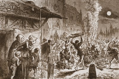 Ikonoklastit Baselissa polttavat kuvia ja epäjumalia, kuvitus James Aitken Wylien (1808-1890) Protestantismin historiasta, pub. 1878 tekijältä English School