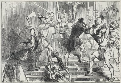 Ikonoklastit tuhoavat roomalaiskatolisen kirkon kuvia ja alttarikoristeita, kuvitus James Aitken Wylien (1808-1890) Protestantismin historiasta, pub. 1878 tekijältä English School