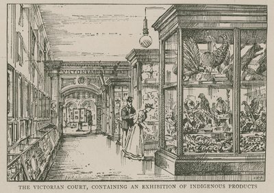 Imperial Institute: Victorian Court, jossa on alkuperäiskansojen tuotteiden näyttely tekijältä English School