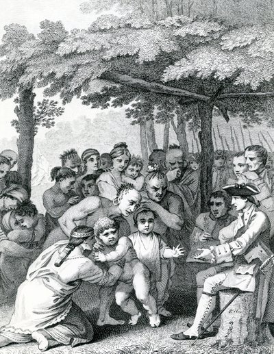Intiaanit luovuttavat englantilaisia vankeja eversti Bouquetille lähellä hänen leiriään Forks of Muskinghamissa Pohjois-Anericassa, kaiverrus Canot, 1764 tekijältä English School