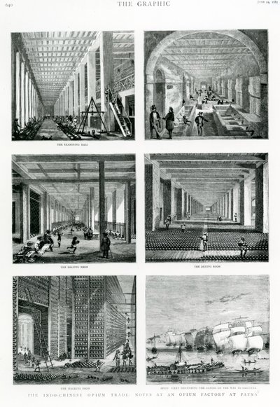 Indokiinalainen oopiumikauppa: Muistiinpanot Patnan oopiumitehtaalla, otettu Graphicista, 1882 tekijältä English School