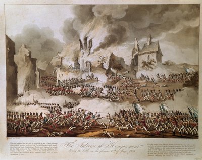 Hougoumontin sisustus taistelun aikana kunniakkaalla 18. kesäkuuta 1815, kaivertanut T. Sutherland, julkaistu 1816 (akvatinta) tekijältä English School