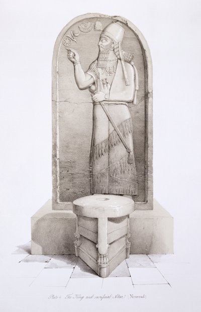 Kuningas ja uhrialttari, Nimrud, levy 4 Ninivestä ja sen jäännökset, Austen Henry Layard (1817-94), julkaistu 1849 tekijältä English School