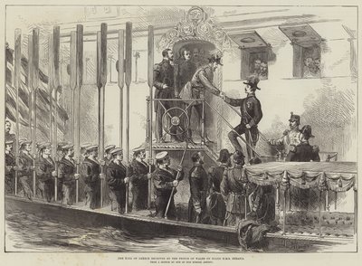 Walesin prinssi vastaanotti Kreikan kuninkaan HMS Serapis -laivalla (kaiverrus) tekijältä English School