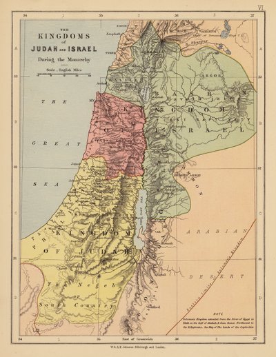 Juudan ja Israelin kuningaskunnat monarkian aikana (värilitografia) tekijältä English School