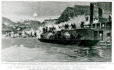 Työväen taistelu Carnegie Steelworksissa, Homestead, Pennsylvania, teoksesta The Graphic, 30. heinäkuuta 1892 (litho) tekijältä English School