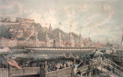 Höyrylaivan "The Great Britain" laukaisu H.R.H.:n läsnäollessa. Prinssi Albert (väri litho) tekijältä English School
