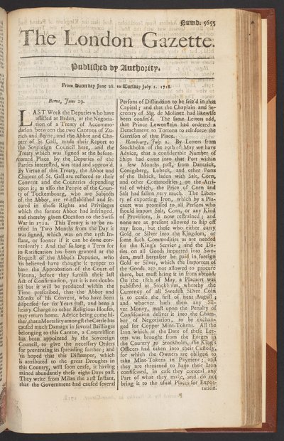 The London Gazette, numero 5655, sivu 1, 28. kesäkuuta 1718 (painettu) tekijältä English School