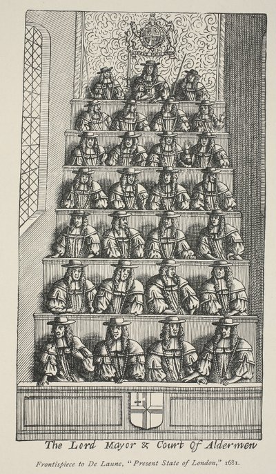 Lord Mayor ja Court of Aldermen, etupaneeli De Launes Angliae Metropolisista, 1681 tekijältä English School