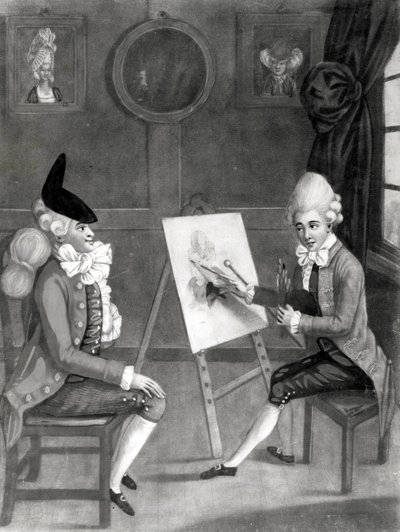 Makaronimaalari eli Billy Dimple, joka sopii hänen kuvaan, julkaisija Bowles and Carver, 1772 (mezzotint) tekijältä English School