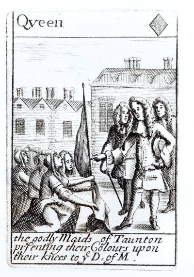The Maids of Taunton polvistumassa Duke of Monmouthin edessä, 18. kesäkuuta 1685, Queen of Diamonds -pelikortti sarjasta Monmouthin kapinan muistoksi tekijältä English School