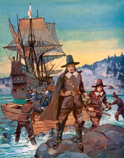 Mayflower ja Pilgrim Fathers (väri litho) tekijältä English School