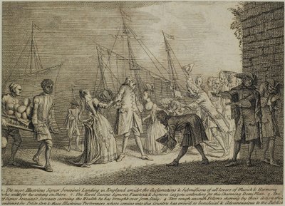 Maineikkain Signor Senesinosin maihinnousu Englannissa, n. 1726 tekijältä English School