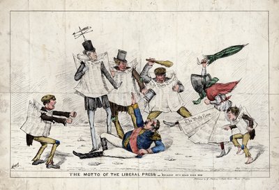 Liberaalilehdistön motto, joka näyttää Napoleon III:n hyökkäyksen brittilehdistön toimesta tekijältä English School
