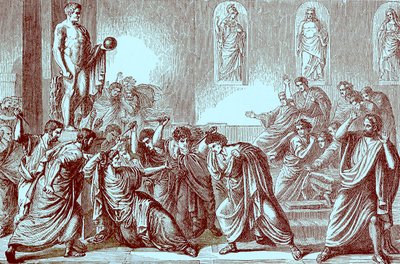 Julius Caesarin murha, kuvitus teoksesta The Illustrated History of the World, julkaistu noin 1880 (digitaalisesti paranneltu kuva) tekijältä English School