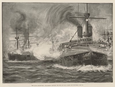 Naval Maneuvres, Punaisten ja Sinisten laivaston välinen kihla Holyheadin edustalla, 31. heinäkuuta (litho) tekijältä English School
