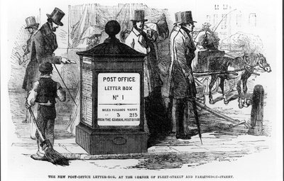 Uusi postilaatikko, Fleet Streetin ja Farringdon Streetin kulmassa, The Illustrated London News, 24. maaliskuuta 1855 tekijältä English School